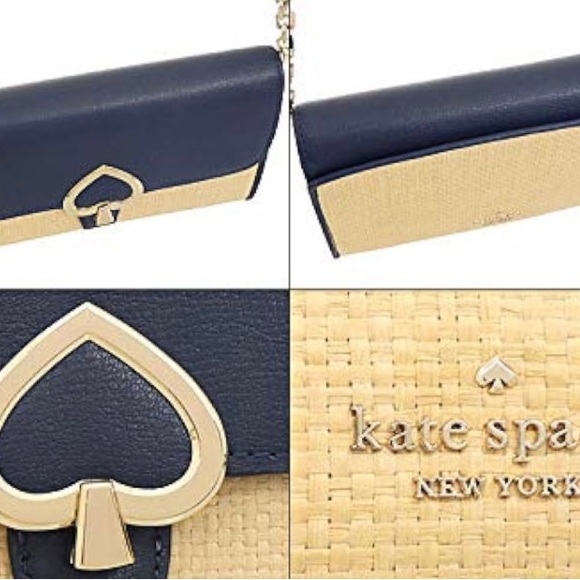 NEW* Kate Spade Robyn Straw HandBag Nightcap Flap Chain Wallet Clutch Navy Logo - Picture 14 of 15